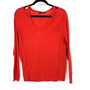 Mango Pullover V-Neck Sweater Womens Size S Red Long Sleeve Neckline Cutout NEW